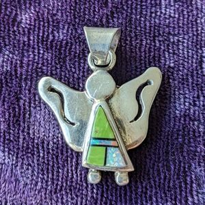 Vintage 925 Sterling Silver Southwestern Indigenous Pendant, Opal Inlay